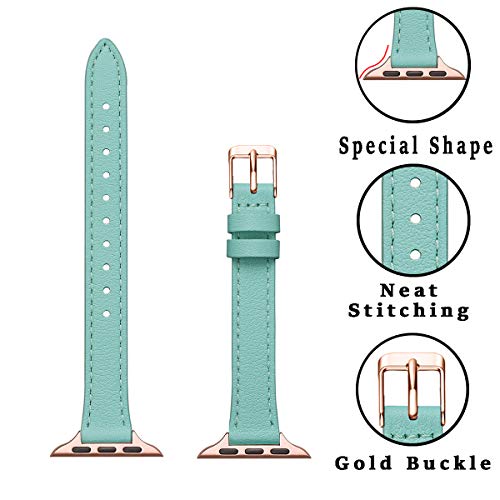 Image of STIROLL Slim Leather Bands Compatible with Apple Watch Band 49mm 46mm 45mm 44mm 42mm(Series 3 2 1), Top Grain Leather Watch Thin Wristband for iWatch Ultra SE Series 11 10 9 8 7 6 5 4(Light Blue with Rose Gold)