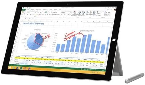 Microsoft Surface Pro 3 displaying an Excel spreadsheet with a Surface Pen next to it.