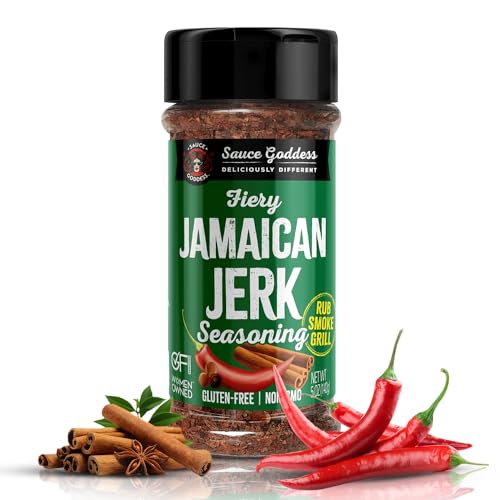 Sauce Goddess - Fiery Jamaican Jerk Spice Shaker - Caribbean Seasoning for Chicken, Pork & Seafood, Low Sugar, Low Sodium, Fat-Free, Vegan - 5oz