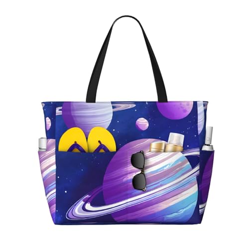 (Planet) Large Beach Tote Bag For Women With Zipper Foldable Lightweight Travel Pool Bag For Vacation Shopping