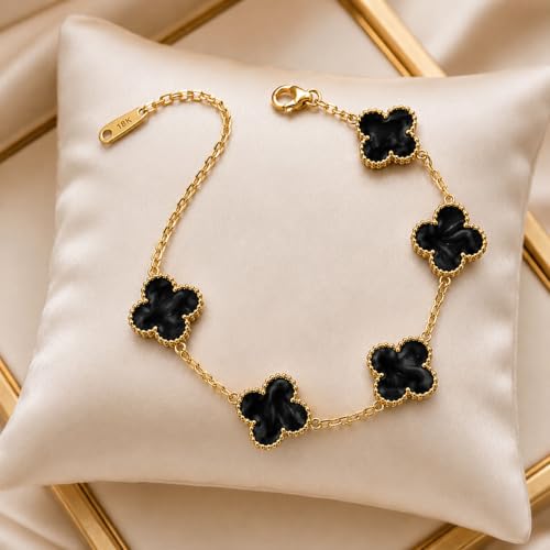 Image of Glamlife Clover Bracelet for Women Stylish | Anti Tarnish Bracelet for Woman | Fashion Jewellery for Women Aesthetic Accessories for Girls Chain Bracelet | Stainless Steel Bracelets for Everyday Wear (Black Clover)