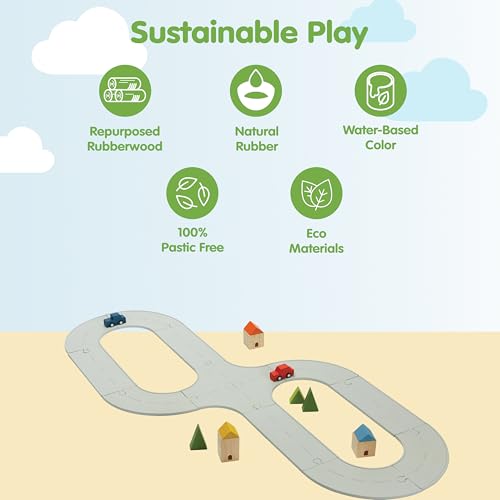 Image of PlanToys Road & Rail Set Montessori Imaginative and Creative Play Set | Early Language, Problem Solving and Coordination Activity | Eco Friendly Road and Rail Building Set