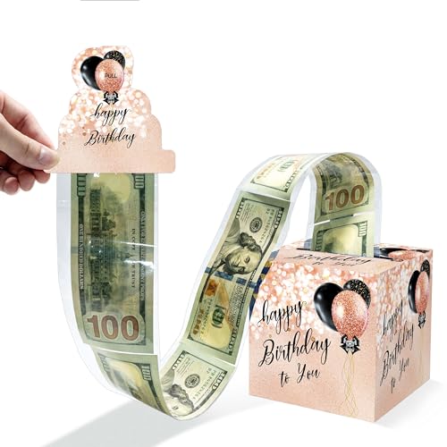 Money Surprise Box for Cash Birthday,Happy Birthday Money Box, Rose Gold Glitter Birthdays Moneys Pull Box with Pull Card and 50 OPP Bags,Moneys Gift Boxes for Cash,Birthdays Gift Boxs