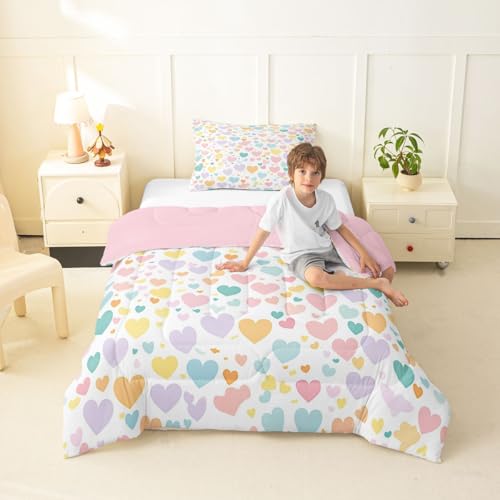 Image of Erosebridal Girls Heart Pattern Toddler Bedding Set Rainbow Heart Comforter Set for Kids Girls Kawaii Valentine Theme Comforter Cartoon Geometric Duvet Insert