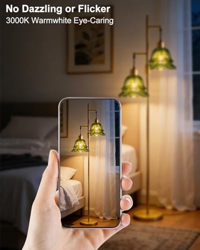 Image of 2-Light Modern Glass Floor Lamp, Gold Tall Standing Lamp with Green Tulip Glass Shade for Reading, Dimmable LED Floor Lamp with Rotary Switch for Living Room Bedroom Home Decor, Bulb Included