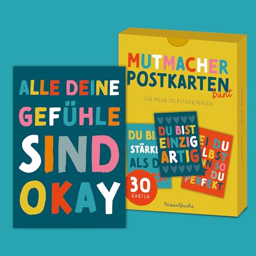 Rüsselfuchs Positive Sprüche Postkarten - 30 Stück Mutmacher-Karten - 15 Motive, jedes Motiv doppelt - Affirmationskarten DIN A6 bunt