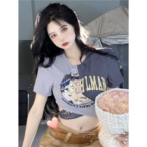 Playful Color Blocking Printed T-Shirt, Cross tie Ultra Short top, Casual Design, Versatile Spicy Girl Outfit3