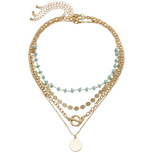 Cluksik Boho Layered Gold Stackable Necklaces for Women, Western Turquoise Coin Pendant, Beach Country Concert Fashion Jewelry
