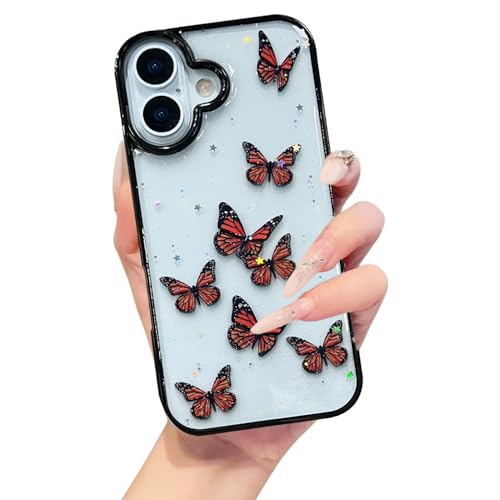 Image of VONZEE for iPhone 16 Plus Clear Glitter Butterfly Case, Cute Bling Sparkle Shiny Soft TPU Bumper Shockproof Women Girls Slim Protective Phone Cover for iPhone 16 Plus 6.7 inch,Black