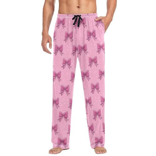 Men's Cute Pink Bows Pajama Pants with Pockets - Straight Fit Cotton Sleep Bottoms for Lounge & Nightwear#610