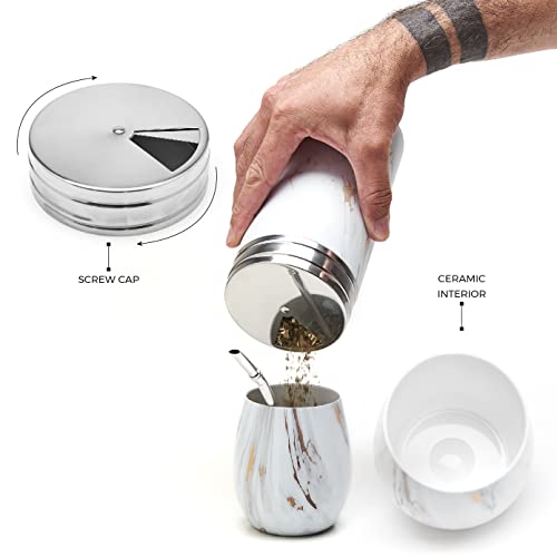 BALIBETOV Complete Yerba Mate Set - Modern Mate Gourd, Thermal Flask, Yerba Container, Bombilla and Cleaning Brush Included - All Premium Quality 304 18/8 Stainless Steel (GOLD)