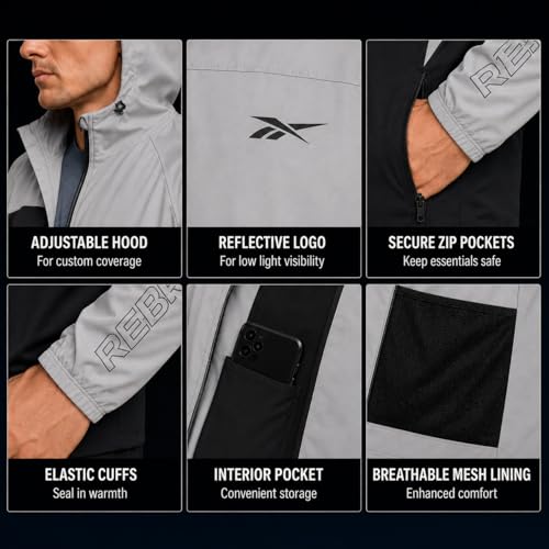 Image of Reebok Mens Softshell Jacket - Lightweight Fleece Mens Jacket with Hood - Weather Resistant Zip Up Windbreaker Coats for Men