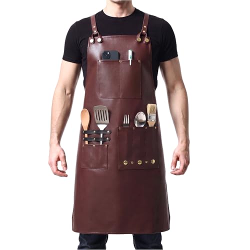 Cotwinter Leather Apron for Men, Waterproof Cross Back Chef Apron with Multiple Pockets, Heavy Duty, Adjustable Strap for Butcher, Cooking, Grill, Cooking, BBQ, Woodworking, Barber, Ideal Gift