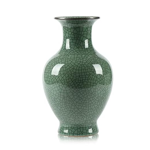 Green Ceramic Vase for Home Decor, Rustic Oriental Vases, Glazed Decorative Farmhouse Vase for Mantel, Table, Bookshelf, Living Room Decoration(Green)