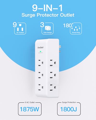 Image of 2 Pack Surge Protector Outlet Extender, 9 AC Multi Outlet Wall Plug with Rotating Plug, 1800J Wall Charger, 3-Sided Power Strip Electrical Plug Adapter Outlet Splitter for Home Office Dorm,White