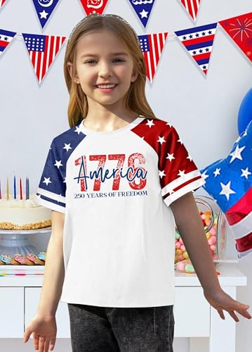 Image of CAZYCHILD Girls 4th of July USA Shirt American Flag Patriotic T-Shirt Independence Day Outfit for Kids 5-14Years