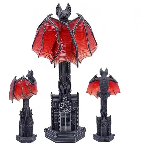 Gothic Wings of Night Halloween Lamp, Gothic Wings of Night Halloween Light with Red Glow, Handcrafted Resin, Cathedral Base Vampire Table Lamp for Spooky Horror Room or Witchy Nights Setting