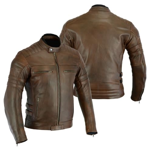 JACKET4U Herren Motorrad Lederjacke Level 2 Schutz, Touring, Motorrad, Biker, CE Protektoren, Used Look, Naturnarbenleder, MBJ-4068, Braun, L