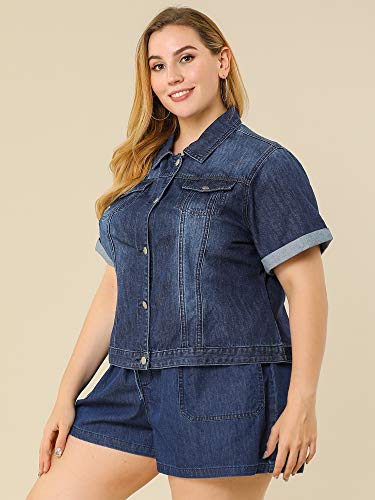 Agnes Orinda Women's Plus Size Denim Jacket Short Sleeve Lapel Button Front Work Western Outfit Jean Jackets4