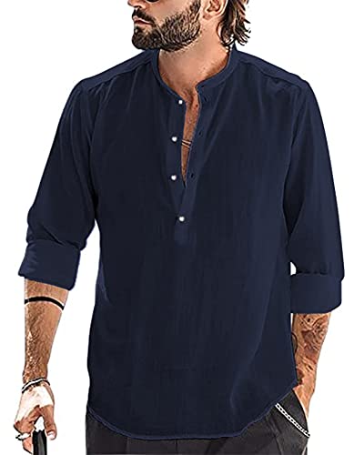 YAOBAOLE Chemise Lin Homme Manches Longues Col Mao Chemise Blanche Été Homme Chemises en Coton Et Lin Bleu Marine M