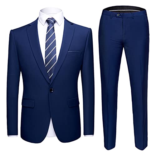 Men's One Button 2 Piece Suits Solid Formal Wedding Tux Blazer & Pants Casual Daily Party Dress Suit Jacket Set (Blue 2,3X-Large)