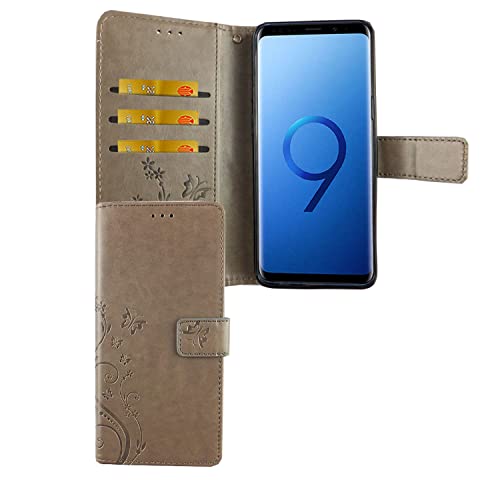 Étui Samsung Galaxy S9 en simili cuir gris à fleurs avec porte-cartes et support