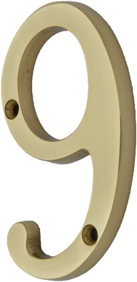 QCAA Traditional Heavy Solid Brass House Number 9, 4", Polished Brass Lacquered, 1 Pack, Made in Taiwan