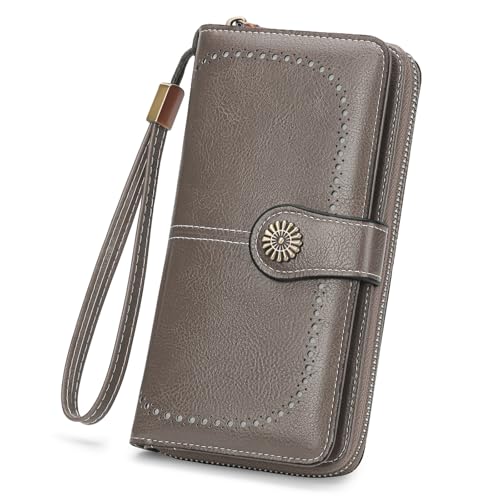 Image of Wristlet Wallets for Women Leather Credit Card Holder Bifold Grey | RFID Blocking, Large Capacity, Ladies Phone Clutch Purse with Zippered Coin Pocket