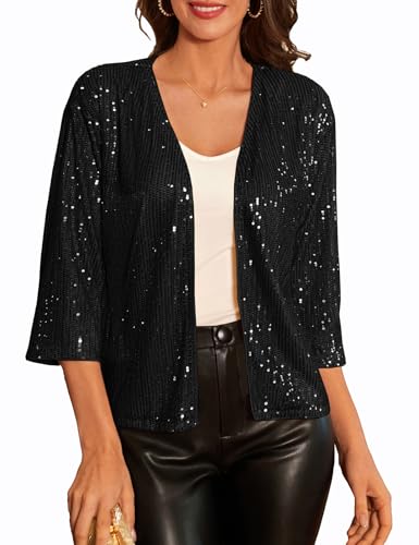 GRACE KARIN 2024 Women's 3/4 Sleeve Sequin Jackets Open Front Sequin Cardigan Sweaters Blazer S-2XL