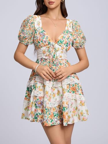 Image of hibshaby Women's Floral Patchwork Dress V Neck Lace Layered Ruffle Flowy Babydoll Dress Puff Sleeve Tiered Mini Sundress
