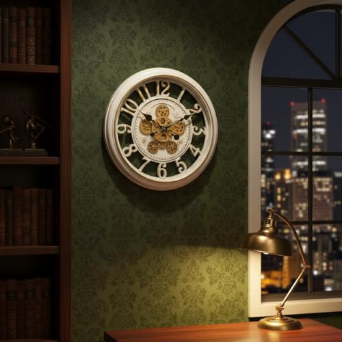 Image of STAR WORK Vintage Gear Wall Clock Industrial Rustic Farmhouse Classic Style Mechanical Charm Perfect for Living Room Bedroom Office or Entryway Decor (White -18 INCH)