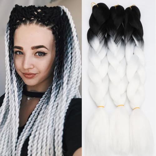 Original Jumbo Braids Hair Extension 3pcs Pure Black Color 24inch 100g/pc For Twist Box Braiding Hair (black white)