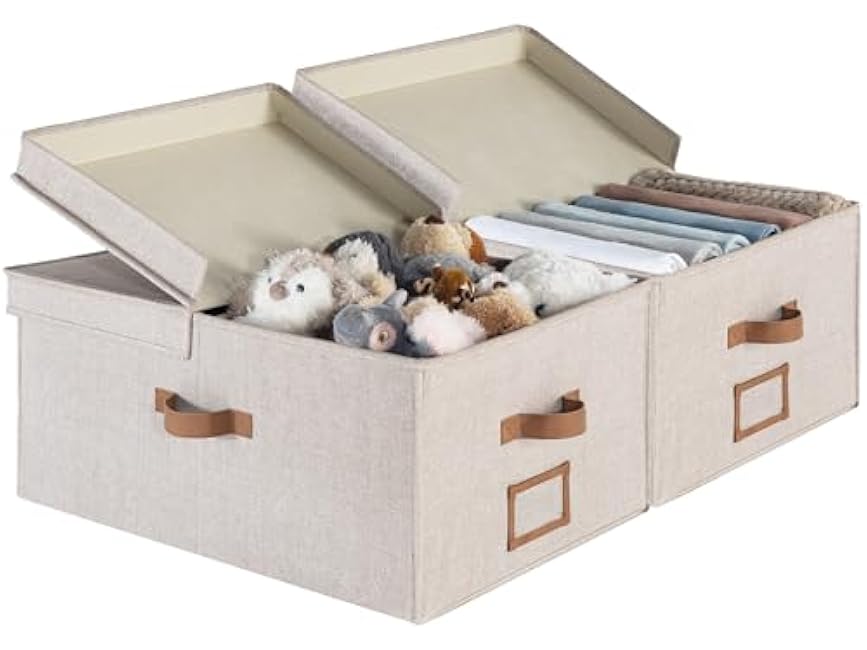 StorageWorks Extra Large Storage Bins with Lids, 55L Decorative Organizer with Divider Board, Fabric Boxes with Handles, Mixing of Brown & Beige, 2-Pack