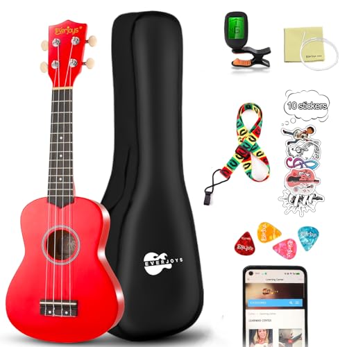 Image of Everjoys Soprano Ukulele Beginner Kit 21 Inch w /Free Online Lesson Gig Bag Tuner Picks Strap, Fast to Learn (Shinny Red）