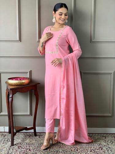 Image of Naixa Women's Viscose Embroidered Straight Kurta with Viscose Pant and Silk Blend Printed Dupatta Sets (NK-430)