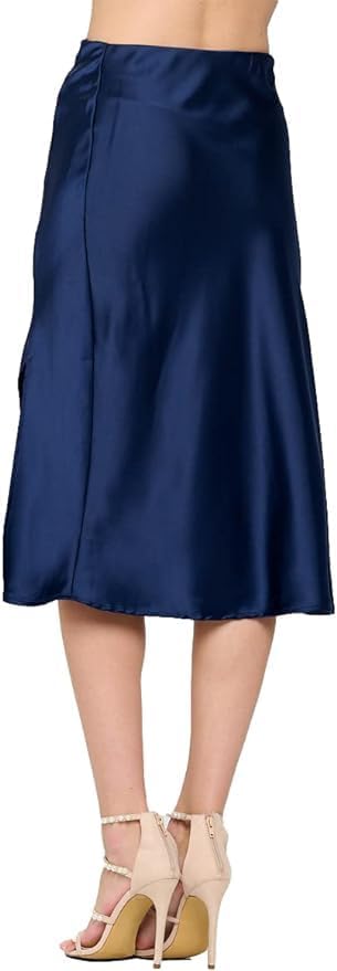 Women Solid High Waist Silky Casual Elastic Satin Midi Skirt -Made in USA (Available in Plus Size) - Image 2