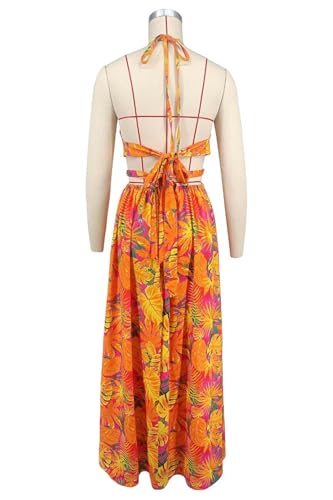 Image of Qikaka Women's Sleeveless Deep V Neck Floral Printed Metal Chain Bodycon Sexy Nightclub Party Boho Dress