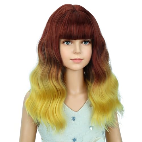 Image of PATTNIUM Flame Short Curly Wig with Bangs Girls Fire Colored Wigs Orange Wavy Shoulder Length Wavy Heat Resistant Synthetic Wig