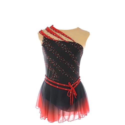 Vestido de patinação artística, strass sem mangas gradiente vermelho e preto, fantasia de competição