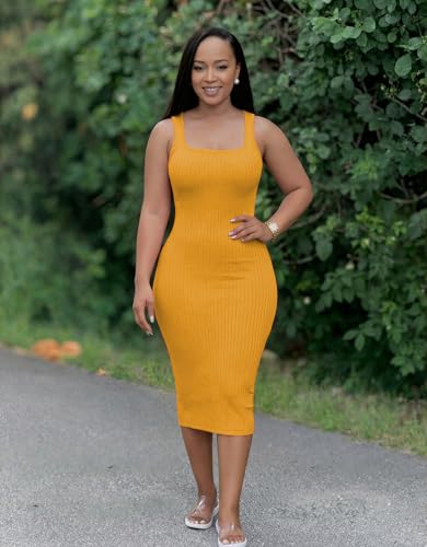 Image of TOPSRANI Women Sexy Midi Dress Bodycon Casual Sleeveless Basic Ruched Tank Summer Club Party Dresses