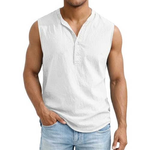 Men's Sleeveless Henley Shirt Cotton Linen Solid Summer Fashion Classic Comfort Button Casual Gym Pullover Vest Top White