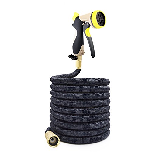 Podura Expandable Garden Hose with Triple Latex Core, Solid Brass Connectors and Metal Nozzle fit for Electric Pressure Washer,Garden Watering (100Ft, Black)