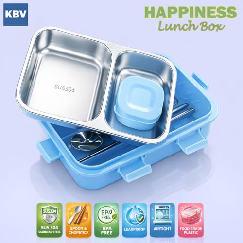 Image of KBV 2 Compartment Insulated Happiness Lunch Box BPA-Free Airtight Leakproof Dishwasher Safe Tiffin Box for Kids Boys & Girls Perfect for School Picnic Gifting (Blue)