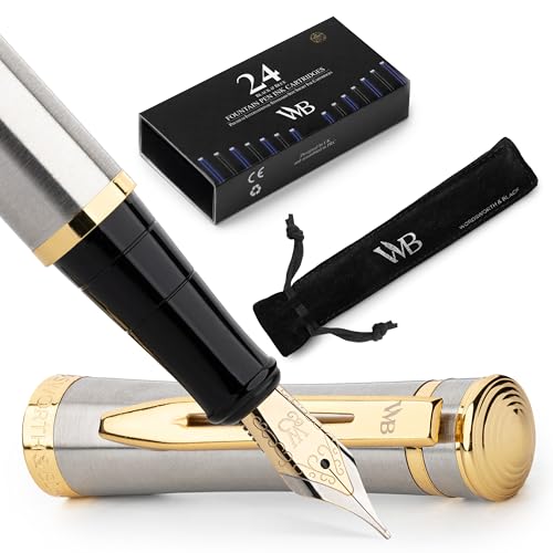 Image of Wordsworth & Black Luxury Fountain Pen Set for Writing, Medium Nib, Silver | Gift for Men & Women, Brass Body, 18K German Iridium, Calligraphy, Converter + 24 Ink Cartridges, Refillable, Leak-Free