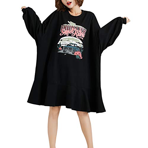 ellazhu Women Long Sleeve Drop Shoulder Oversized Pullover Sweatshirt Dress GA1548 Black