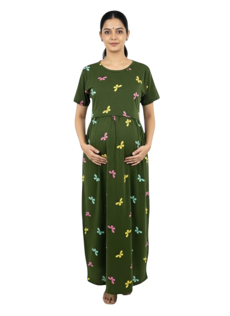 Maternity Feeding Maxi Dress with Pockets, Green Butterfly Print, Zipless Long Pregnancy Gown, Pre & Post Maternity Wear-image-46