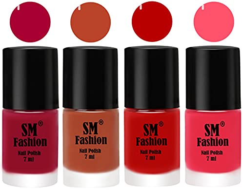 Image of Nail Polish Combo Set (Pack of 4) Quick Dry Gel Finish Nail Paint | Dark Magenta,Light Coral,Red,Dark Pink | 7 ml Each