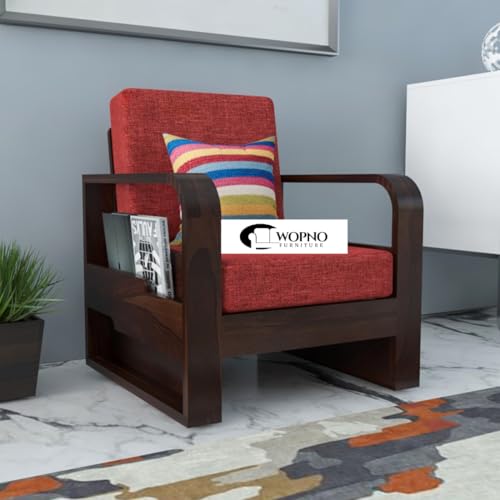 Image of Sheesham Wooden 1 Seater Sofa for Living Room | Solid Wood Sofa with Side Pocket Storage & Cushion | Rosewood Sofa Set for Home & Office | Lounge (Walnut with Red Cushion, 1 Seater)