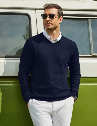 Image of COOFANDY Mens Casual V Neck Sweater Knit Slim Fit Long Sleeve Pullover Top