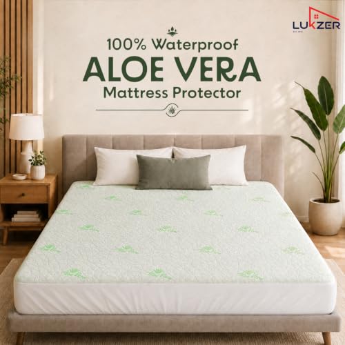 Image of Lukzer 100% Waterproof Diamond Aloe Vera Mattress Protector Queen Size 72 inch x 60 inch inch | 360 Elastic fit, Breathable, Hypoallergenic, Noiseless, Ultra-Soft Fitted Bed Protector /Deep Pocket Bed Cover
